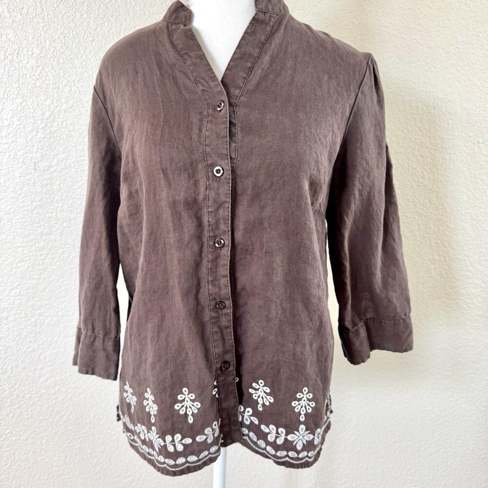 Ecologie Womens Med 100% Linen Brown Embroidered Button Up Shirt 3/4 Sleeve Top